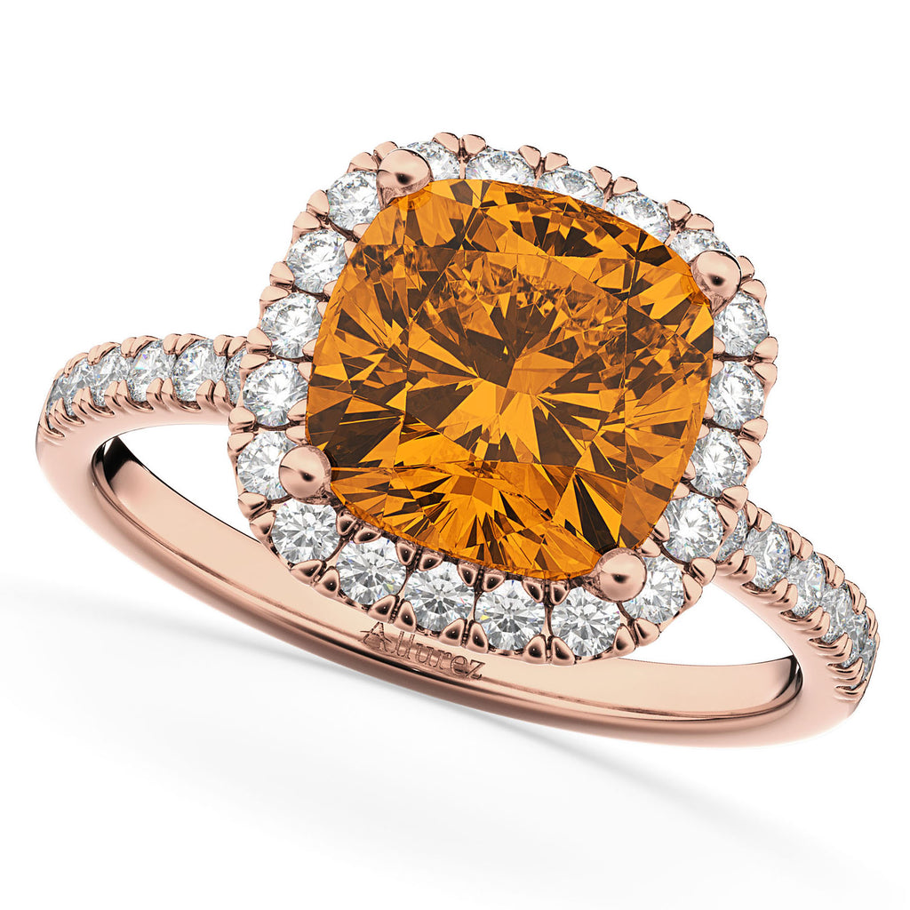 Citrine & Diamonds Cushion-Cut Halo Bridal Set 14K Rose Gold (3.38ct)