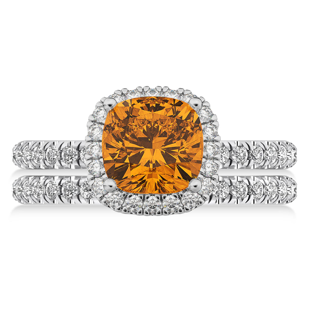 Citrine & Diamonds Cushion-Cut Halo Bridal Set 14K White Gold (3.38ct)