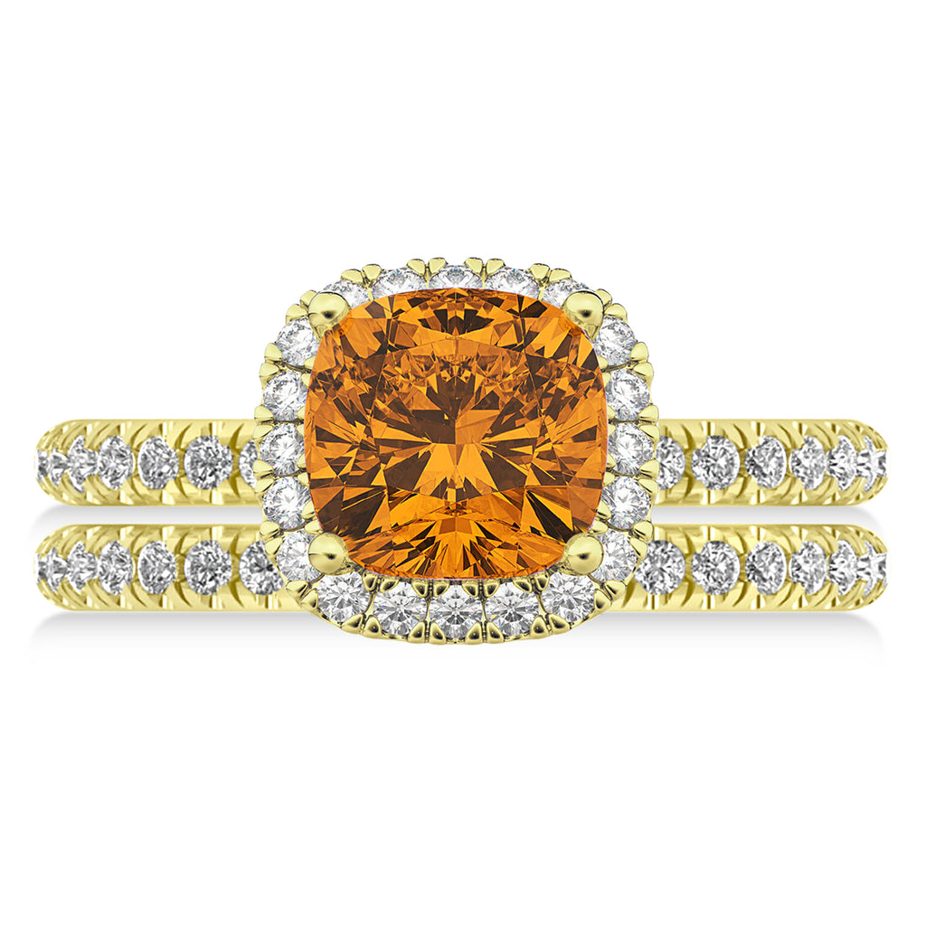 Citrine & Diamonds Cushion-Cut Halo Bridal Set 14K Yellow Gold (3.38ct)