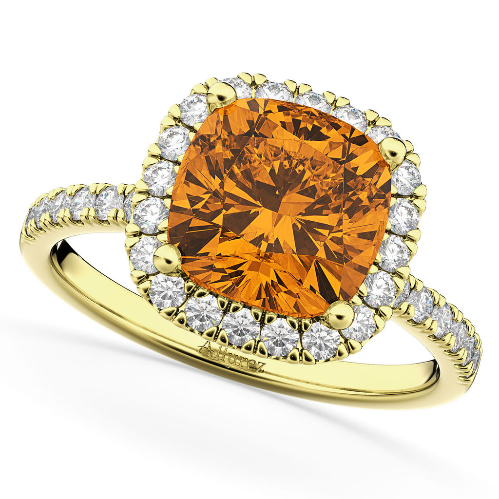 Citrine & Diamonds Cushion-Cut Halo Bridal Set 14K Yellow Gold (3.38ct)