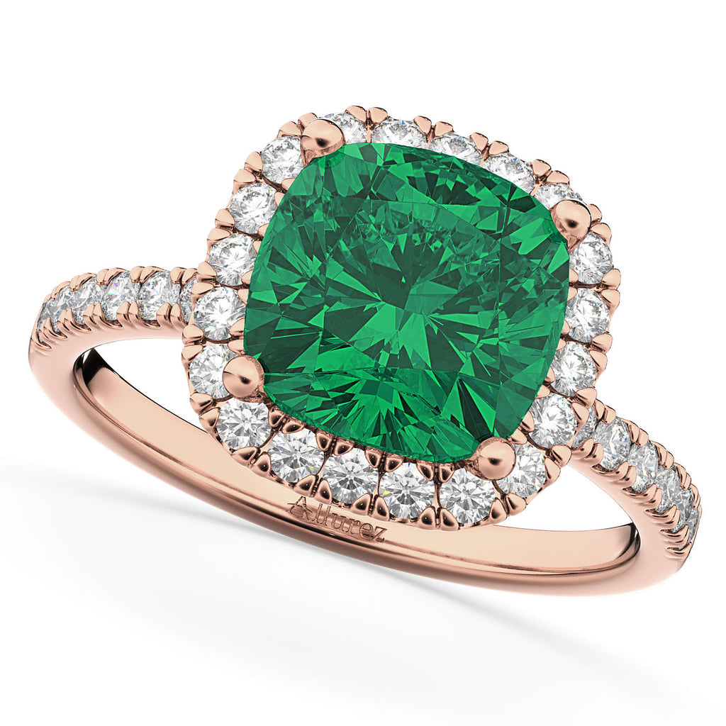 Lab Emerald & Lab Grown Diamonds Cushion-Cut Halo Bridal Set 14K Rose Gold (3.38ct)