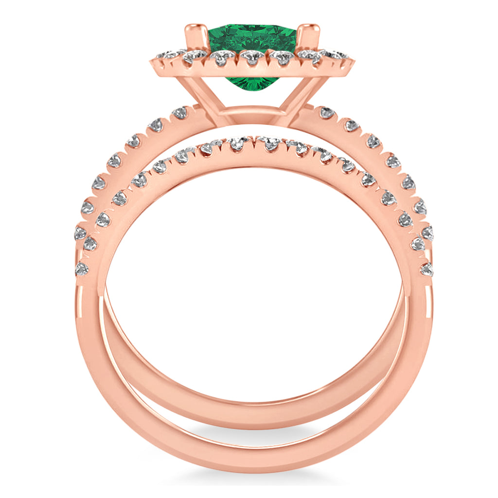Emerald & Diamonds Cushion-Cut Halo Bridal Set 14K Rose Gold (3.38ct)