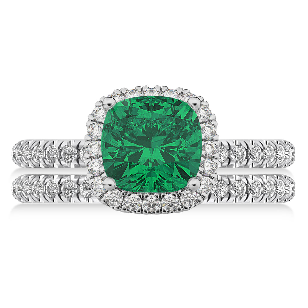 Lab Emerald & Lab Grown Diamonds Cushion-Cut Halo Bridal Set 14K White Gold (3.38ct)