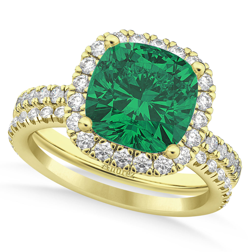 Emerald & Diamonds Cushion-Cut Halo Bridal Set 14K Yellow Gold (3.38ct)
