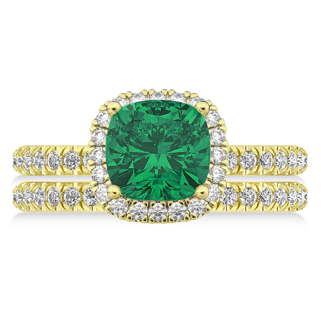 Emerald & Diamonds Cushion-Cut Halo Bridal Set 14K Yellow Gold (3.38ct)