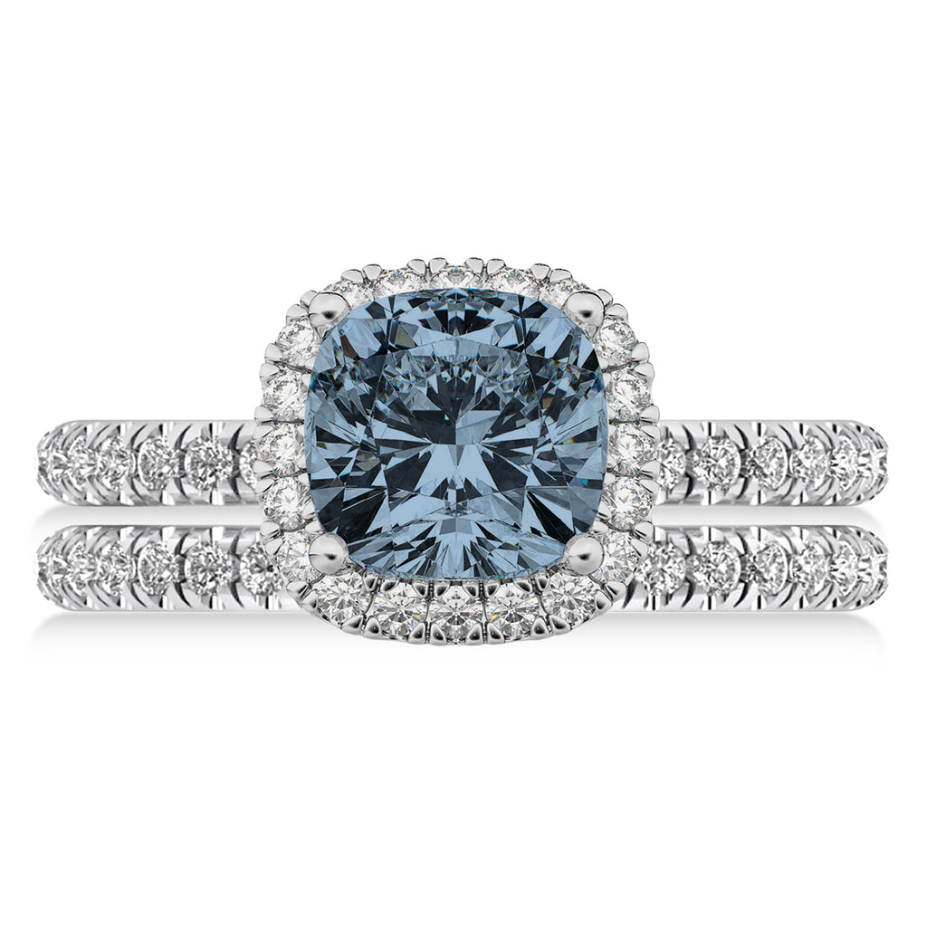 Gray Spinel & Diamonds Cushion-Cut Halo Bridal Set 14K White Gold (3.38ct)