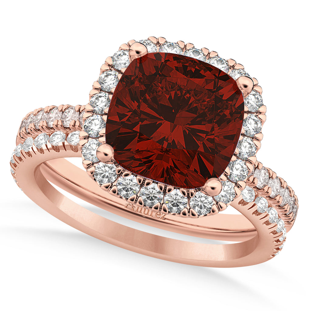 Garnet & Diamonds Cushion-Cut Halo Bridal Set 14K Rose Gold (3.38ct)
