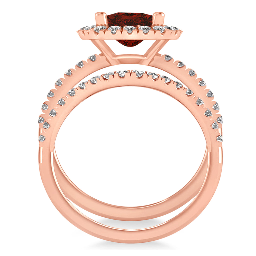 Garnet & Diamonds Cushion-Cut Halo Bridal Set 14K Rose Gold (3.38ct)