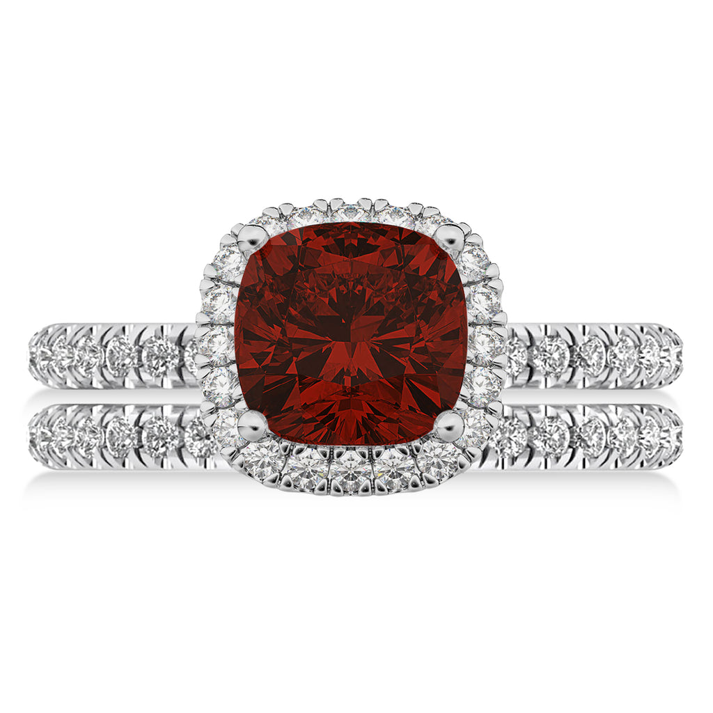Garnet & Diamonds Cushion-Cut Halo Bridal Set 14K White Gold (3.38ct)