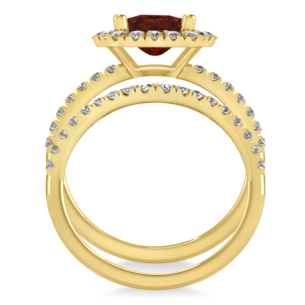 Garnet & Diamonds Cushion-Cut Halo Bridal Set 14K Yellow Gold (3.38ct)