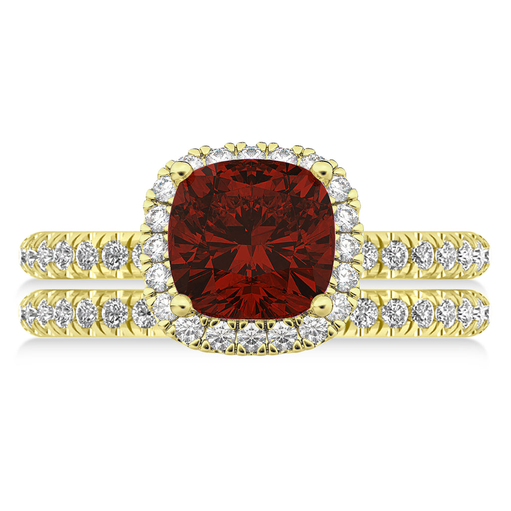 Garnet & Diamonds Cushion-Cut Halo Bridal Set 14K Yellow Gold (3.38ct)