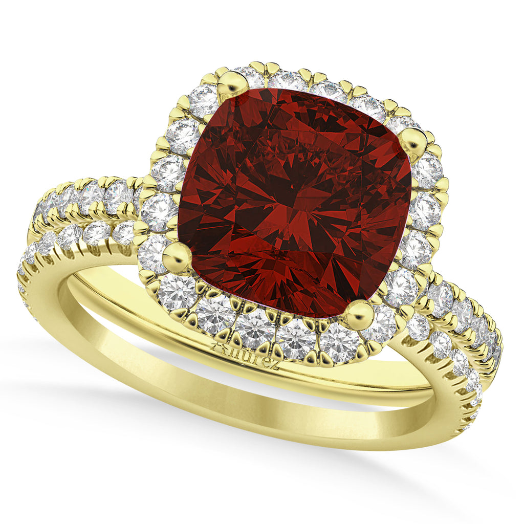 Garnet & Diamonds Cushion-Cut Halo Bridal Set 14K Yellow Gold (3.38ct)