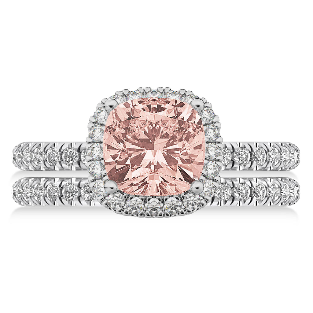 Morganite & Diamonds Cushion-Cut Halo Bridal Set 14K White Gold (3.38ct)