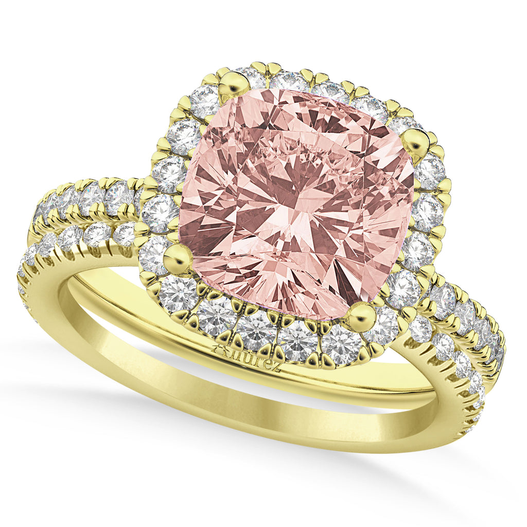Morganite & Diamonds Cushion-Cut Halo Bridal Set 14K Yellow Gold (3.38ct)