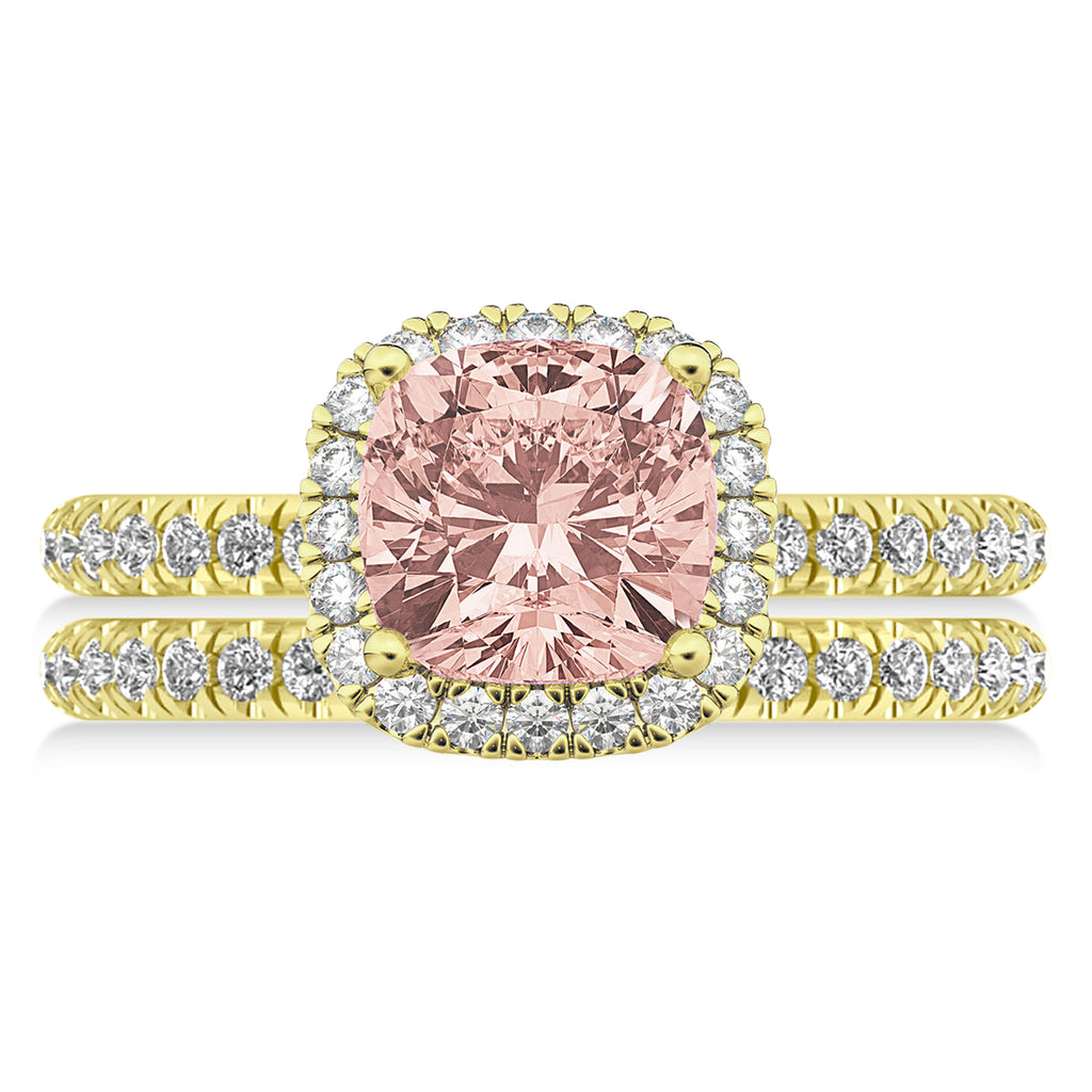 Morganite & Diamonds Cushion-Cut Halo Bridal Set 14K Yellow Gold (3.38ct)