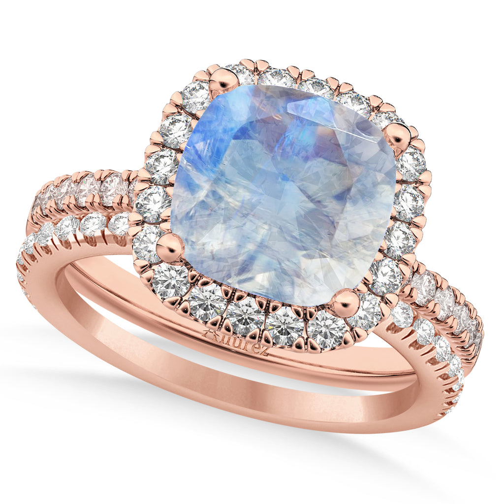 Moonstone & Diamonds Cushion-Cut Halo Bridal Set 14K Rose Gold (3.38ct)