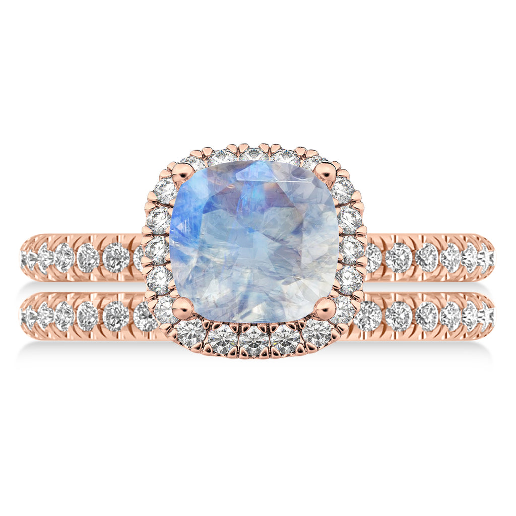 Moonstone & Diamonds Cushion-Cut Halo Bridal Set 14K Rose Gold (3.38ct)