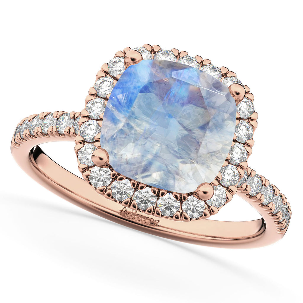 Moonstone & Diamonds Cushion-Cut Halo Bridal Set 14K Rose Gold (3.38ct)