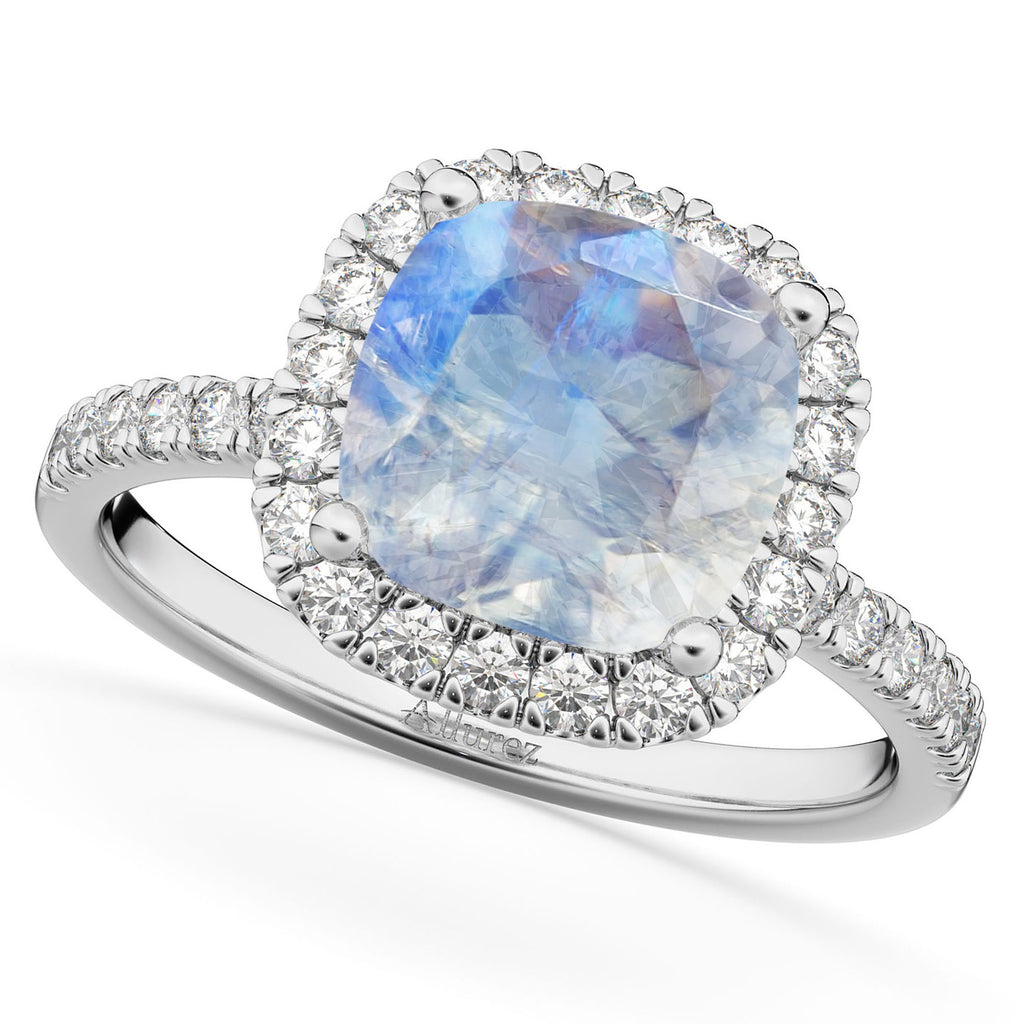Moonstone & Diamonds Cushion-Cut Halo Bridal Set 14K White Gold (3.38ct)