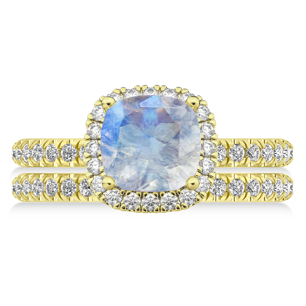 Moonstone & Diamonds Cushion-Cut Halo Bridal Set 14K Yellow Gold (3.38ct)