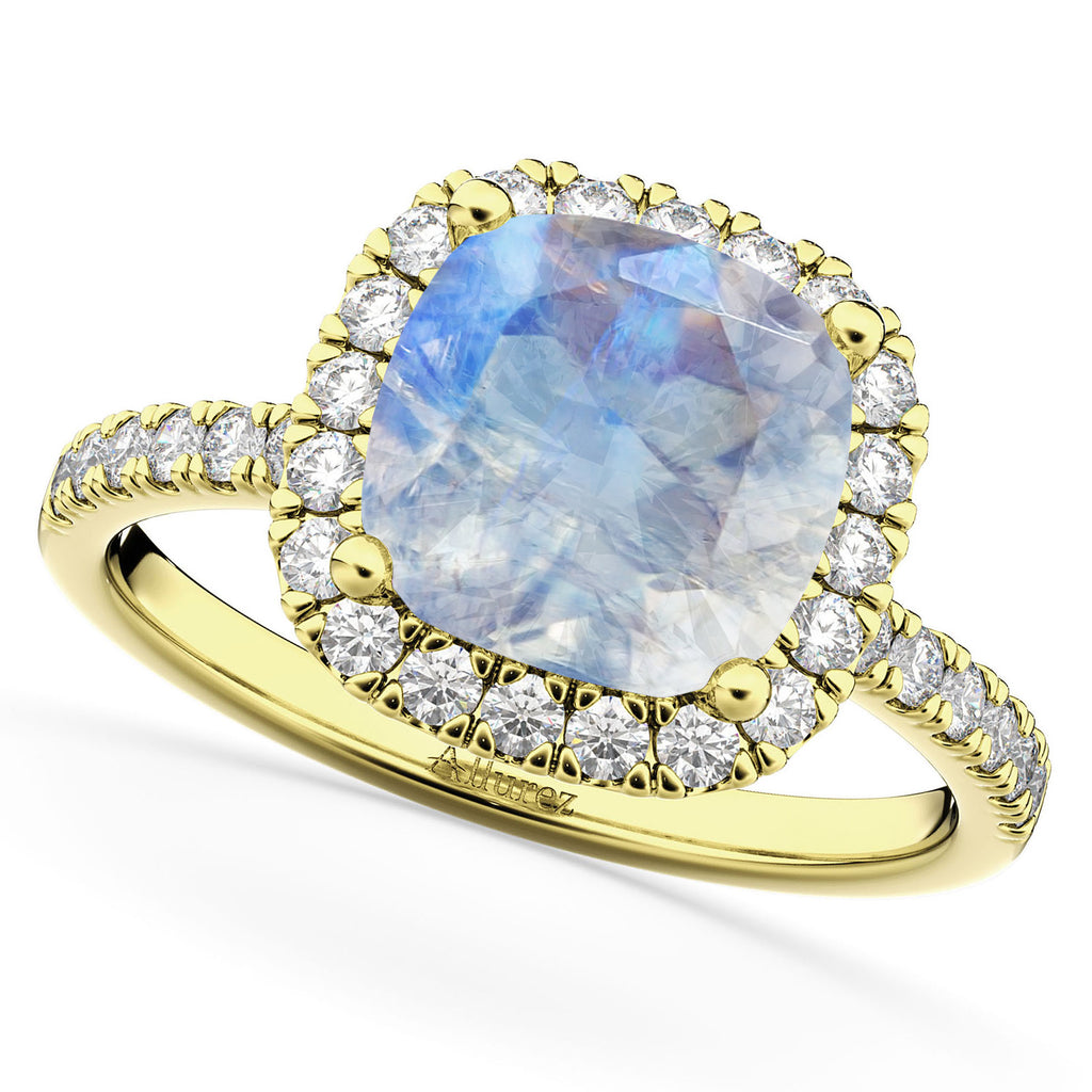 Moonstone & Diamonds Cushion-Cut Halo Bridal Set 14K Yellow Gold (3.38ct)