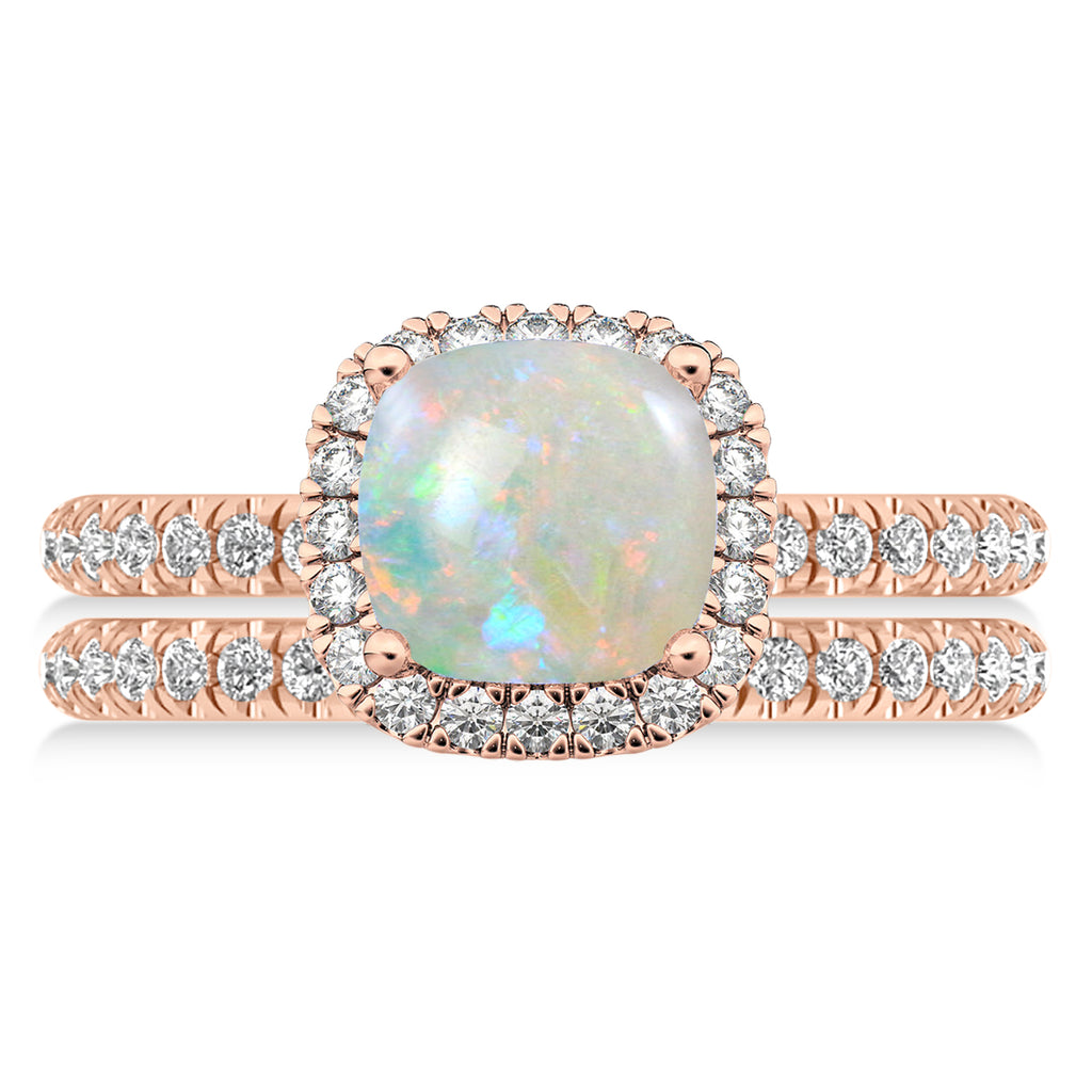 Opal & Diamonds Cushion-Cut Halo Bridal Set 14K Rose Gold (3.38ct)