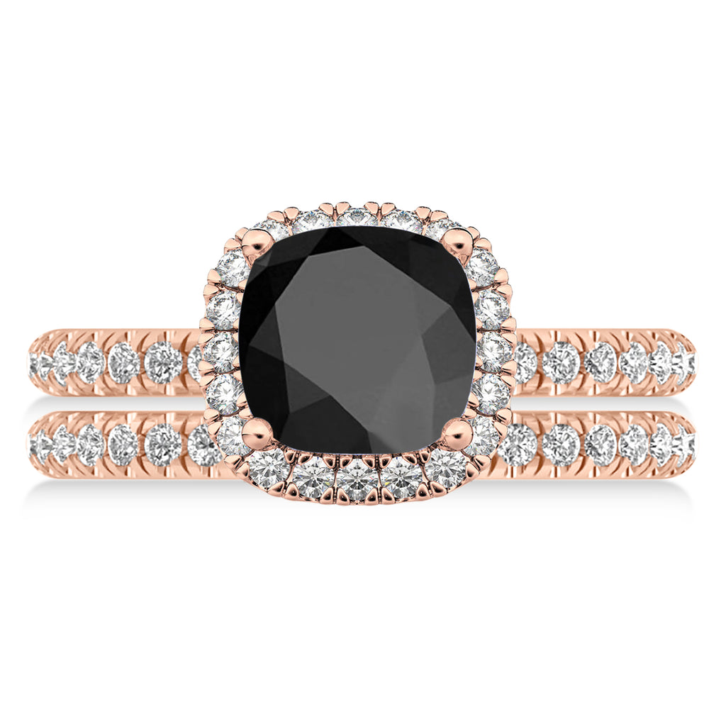 Onyx & Diamonds Cushion-Cut Halo Bridal Set 14K Rose Gold (3.38ct)