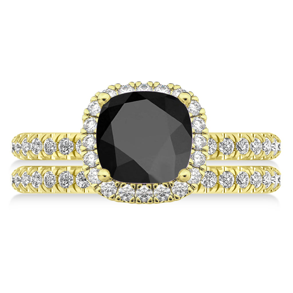 Onyx & Diamonds Cushion-Cut Halo Bridal Set 14K Yellow Gold (3.38ct)