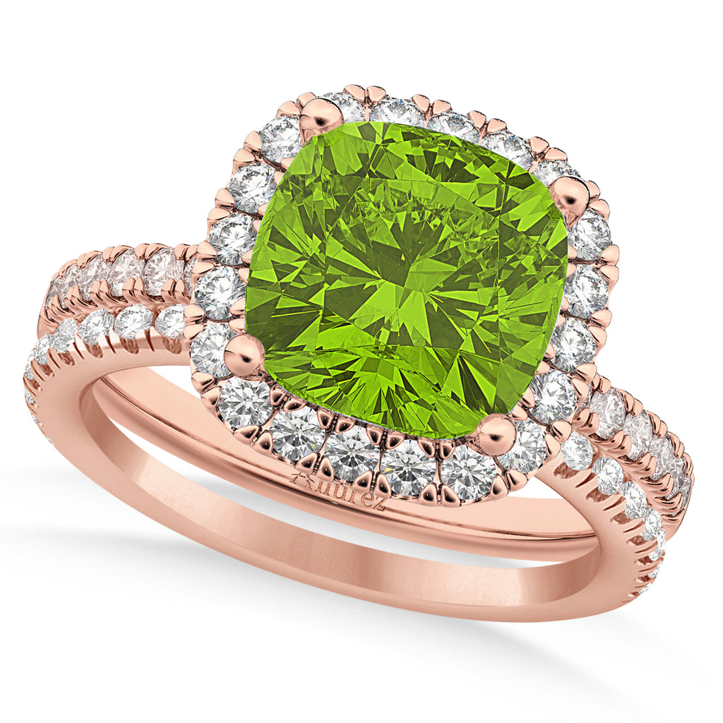 Peridot & Diamonds Cushion-Cut Halo Bridal Set 14K Rose Gold (3.38ct)