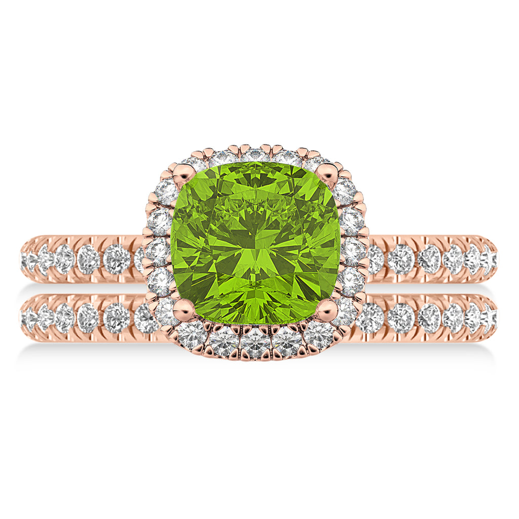 Peridot & Diamonds Cushion-Cut Halo Bridal Set 14K Rose Gold (3.38ct)