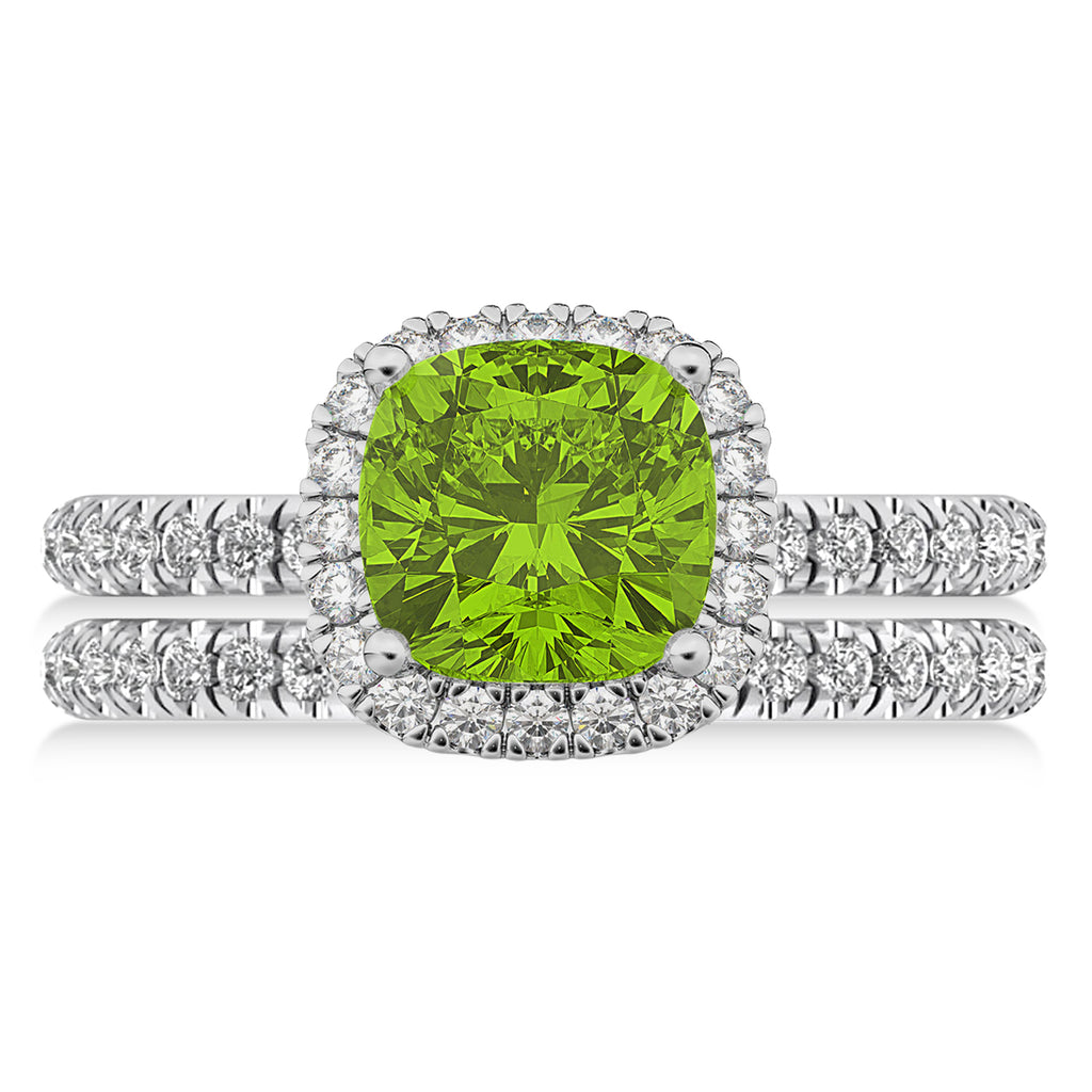 Peridot & Diamonds Cushion-Cut Halo Bridal Set 14K White Gold (3.38ct)