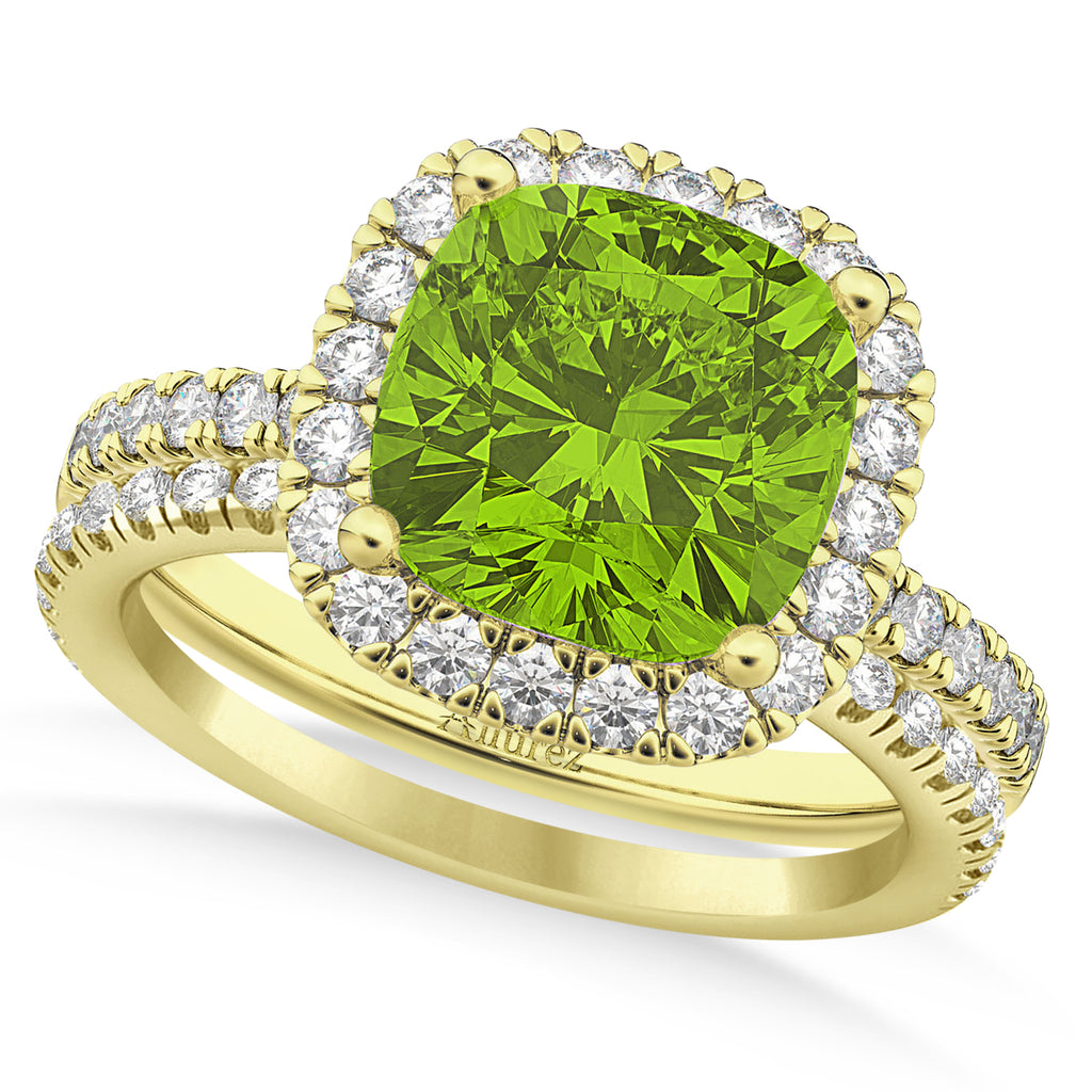 Peridot & Diamonds Cushion-Cut Halo Bridal Set 14K Yellow Gold (3.38ct)