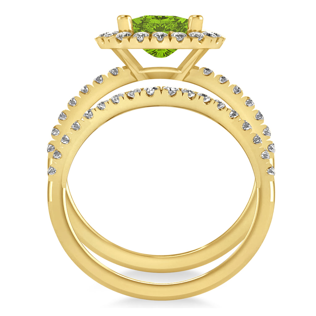 Peridot & Diamonds Cushion-Cut Halo Bridal Set 14K Yellow Gold (3.38ct)