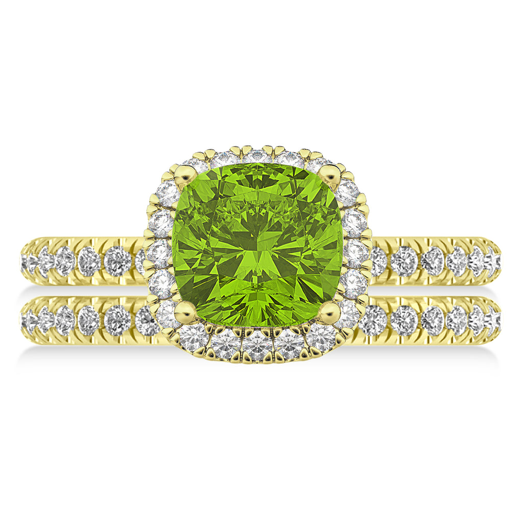 Peridot & Diamonds Cushion-Cut Halo Bridal Set 14K Yellow Gold (3.38ct)