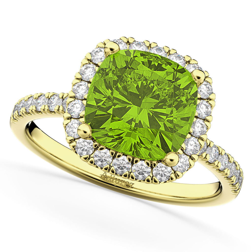 Peridot & Diamonds Cushion-Cut Halo Bridal Set 14K Yellow Gold (3.38ct)