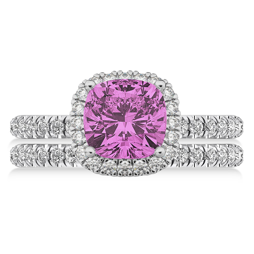 Lab Pink Sapphire & Lab Grown Diamonds Cushion-Cut Halo Bridal Set 14K White Gold (3.38ct)