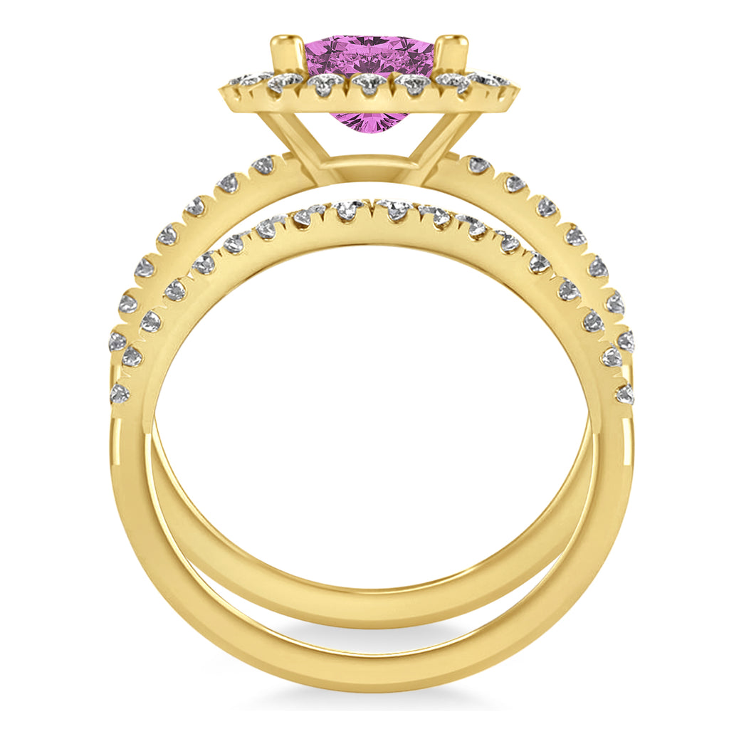 Lab Pink Sapphire & Lab Grown Diamonds Cushion-Cut Halo Bridal Set 14K Yellow Gold (3.38ct)