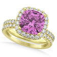 Pink Sapphire & Diamonds Cushion-Cut Halo Bridal Set 14K Yellow Gold (3.38ct)