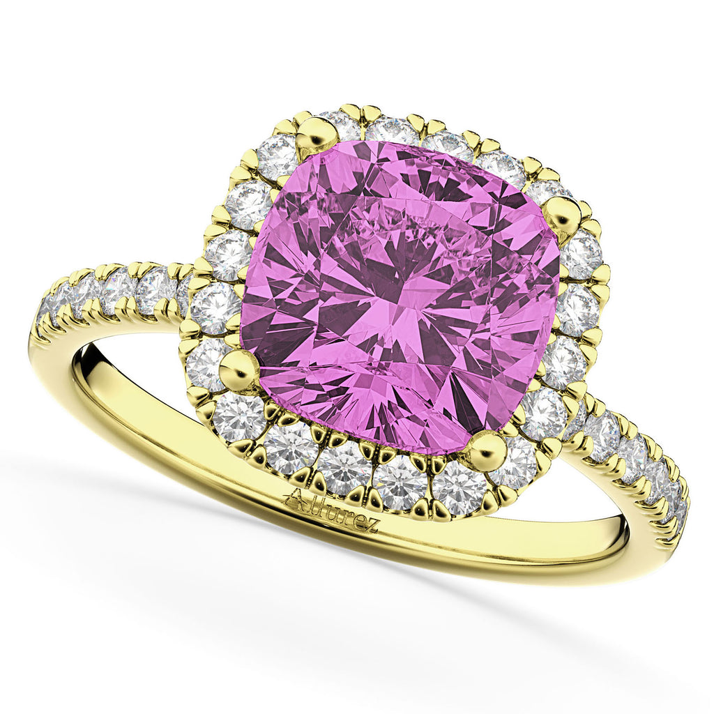 Pink Sapphire & Diamonds Cushion-Cut Halo Bridal Set 14K Yellow Gold (3.38ct)