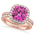 Pink Tourmaline & Diamonds Cushion-Cut Halo Bridal Set 14K Rose Gold (3.38ct)