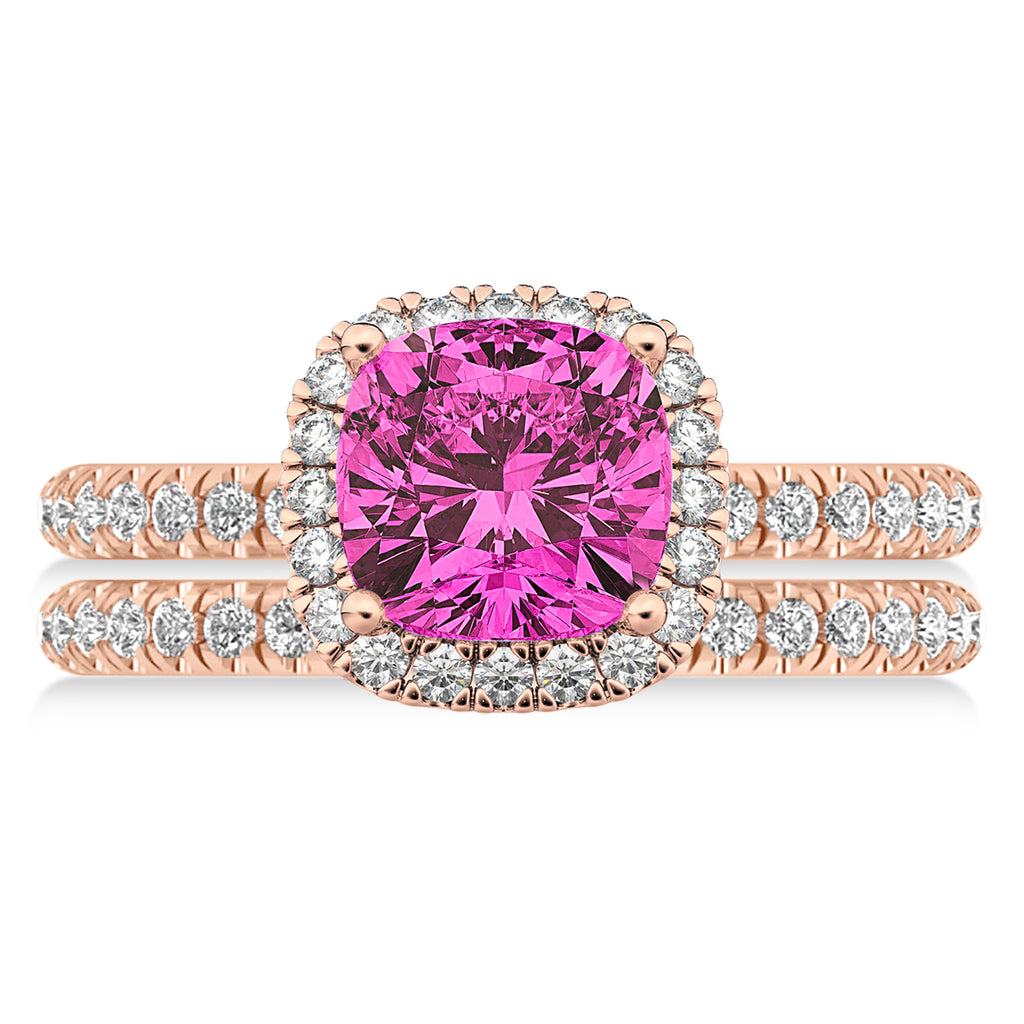 Pink Tourmaline & Diamonds Cushion-Cut Halo Bridal Set 14K Rose Gold (3.38ct)