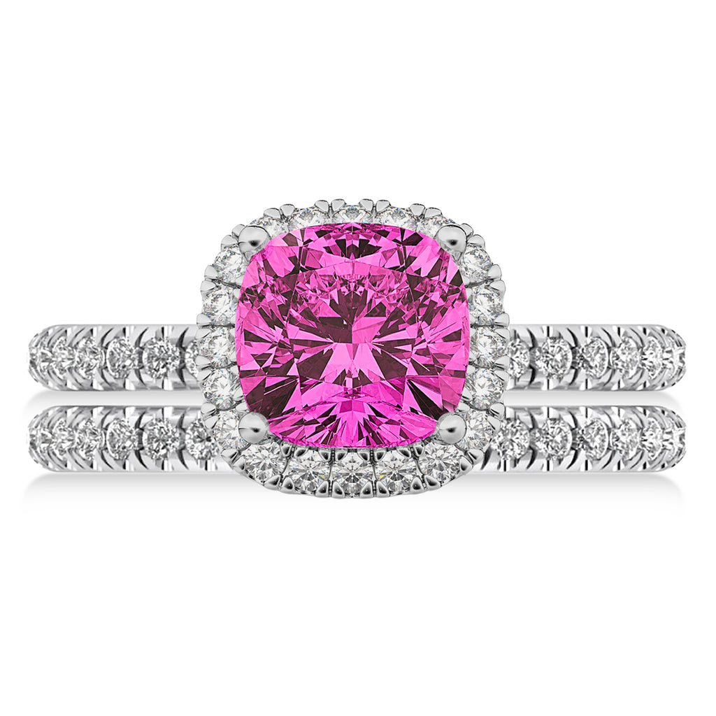 Pink Tourmaline & Diamonds Cushion-Cut Halo Bridal Set 14K White Gold (3.38ct)