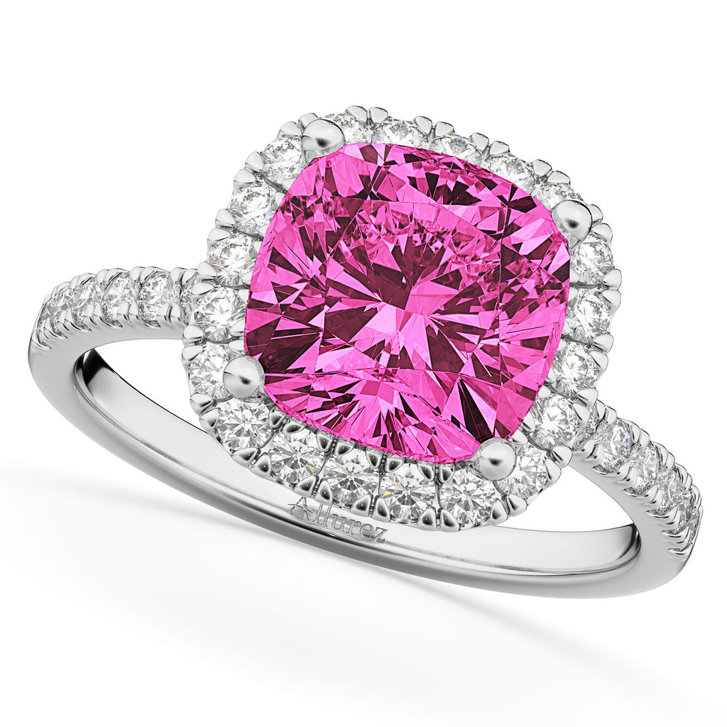 Pink Tourmaline & Diamonds Cushion-Cut Halo Bridal Set 14K White Gold (3.38ct)