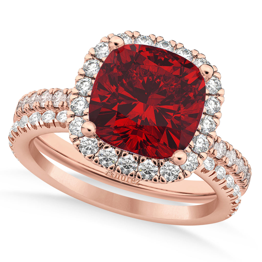 Ruby & Diamonds Cushion-Cut Halo Bridal Set 14K Rose Gold (3.38ct)