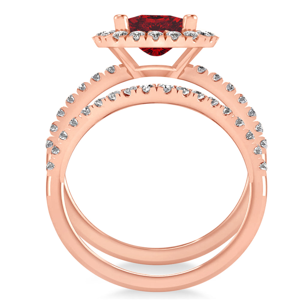 Ruby & Diamonds Cushion-Cut Halo Bridal Set 14K Rose Gold (3.38ct)