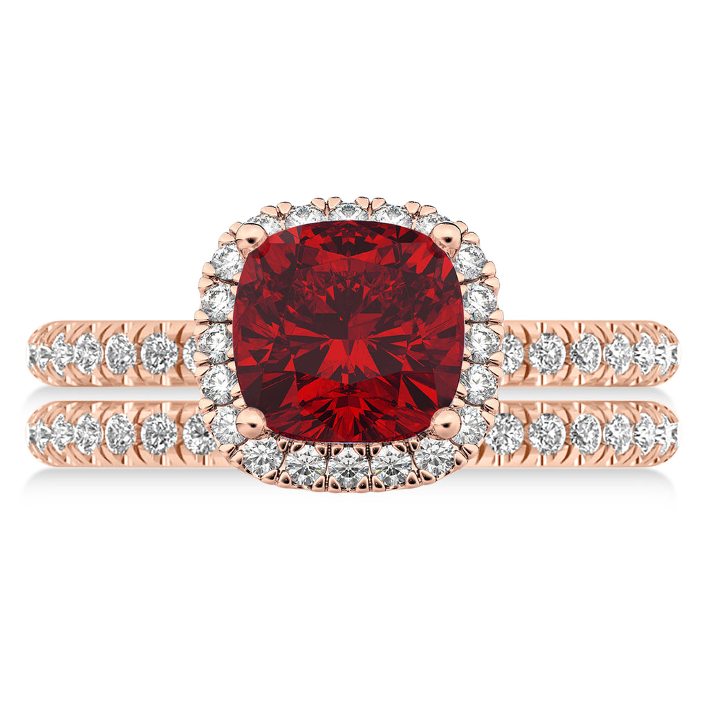 Ruby & Diamonds Cushion-Cut Halo Bridal Set 14K Rose Gold (3.38ct)