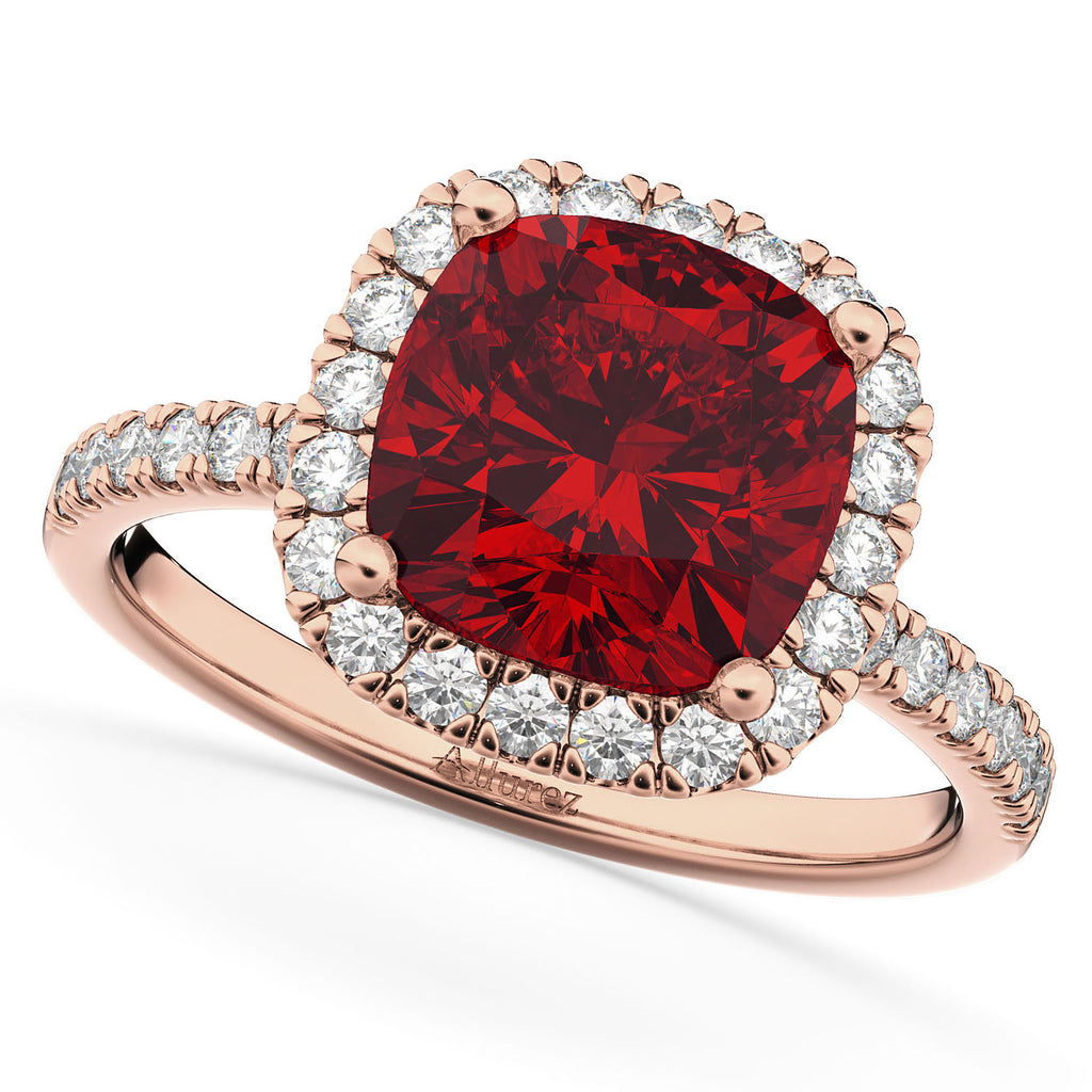 Ruby & Diamonds Cushion-Cut Halo Bridal Set 14K Rose Gold (3.38ct)
