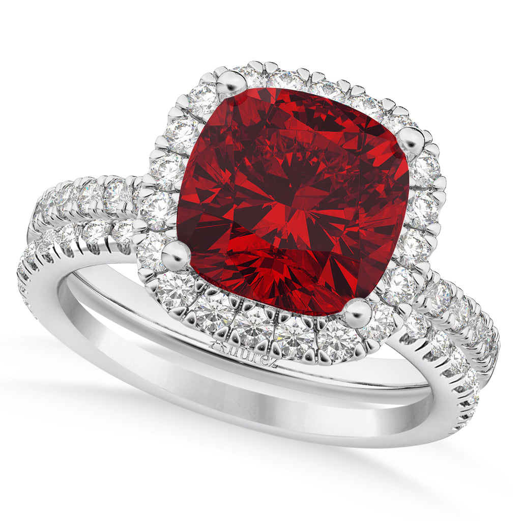 Ruby & Diamonds Cushion-Cut Halo Bridal Set 14K White Gold (3.38ct)