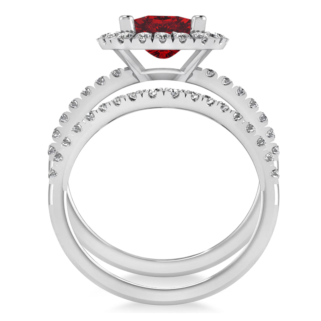 Ruby & Diamonds Cushion-Cut Halo Bridal Set 14K White Gold (3.38ct)