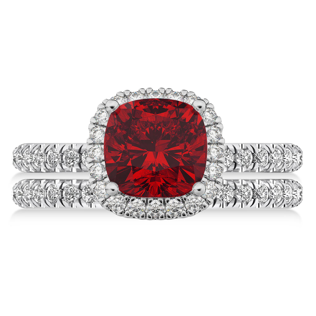 Ruby & Diamonds Cushion-Cut Halo Bridal Set 14K White Gold (3.38ct)